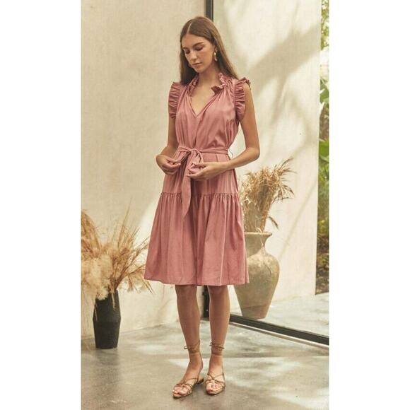 CHRISTY LYNN Sz XS Bardot Dusty Rose Pink Cap Sleeve Ruffle Belted Dress - Picture 10 of 11